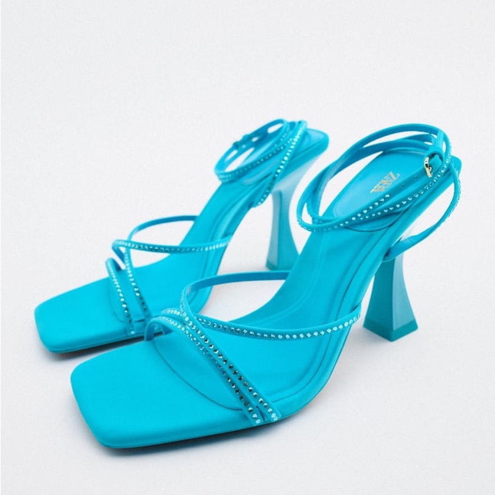 Zara Blue High Heel Rhinestone Sandals - Picture 16 of 17
